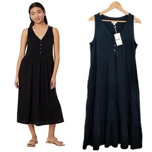 Pact Dress Organic Cotton Relaxed Prairie Knit Henley Tank Midi Black Large New
